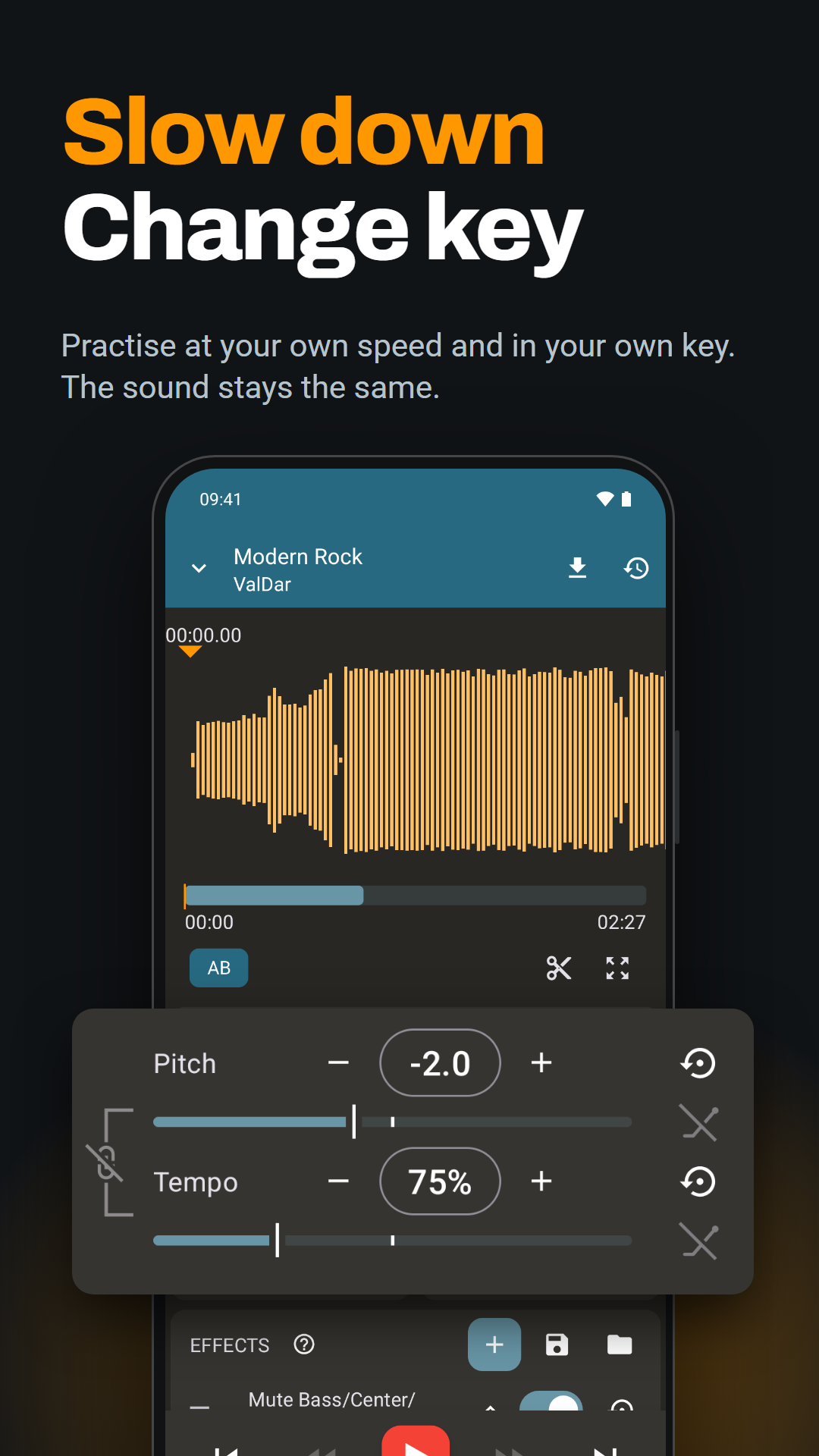 Up Tempo speed and pitch controls, showing 75% tempo and a two-semitone pitch reduction