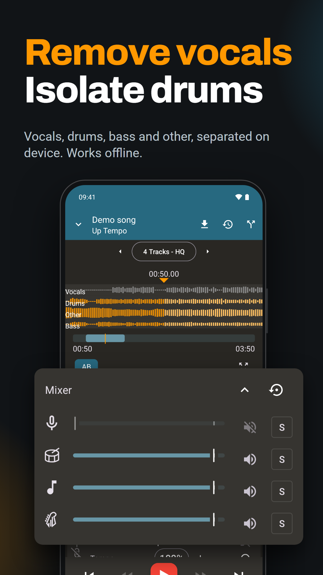 Up Tempo stem separation with vocals, drums, bass and other tracks and individual mixer controls